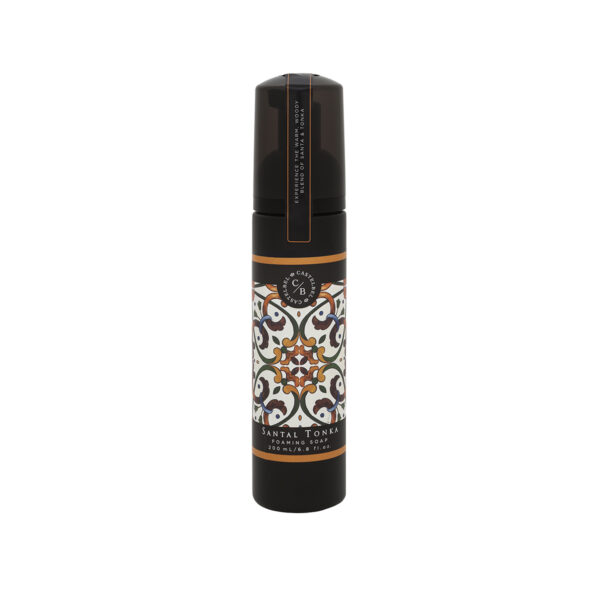 Frasco de spray com tampa preta e etiqueta decorativa com padrão mosaico