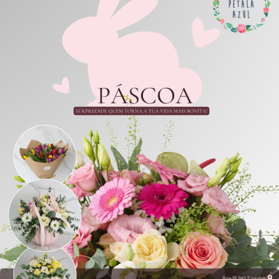 Arranjos florais coloridos para Páscoa sobre fundo cinza com coelho rosa e texto