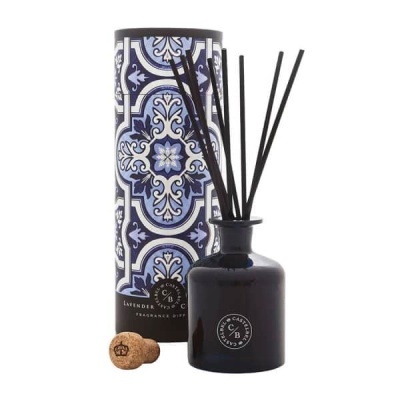 difusor de fragrância em vidro preto com embalagem azul e branca decorada