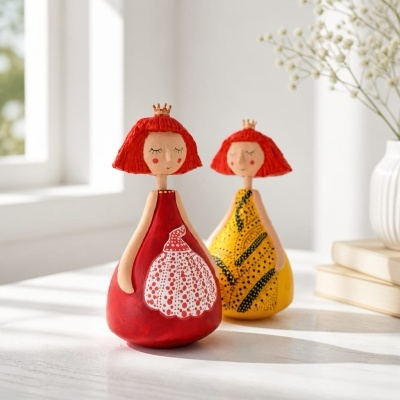 Duas figuras decorativas de princesas em cerâmica com vestidos coloridos sobre uma mesa branca