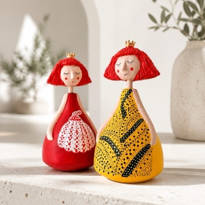 Duas figuras decorativas femininas com cabelo vermelho e vestidos coloridos.