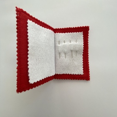 Estojo vermelho e branco com bordas em ondas e pequenos objetos metálicos no interior