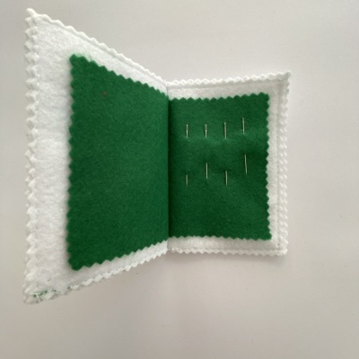 Estojo de agulhas em feltro verde e branco aberto com agulhas