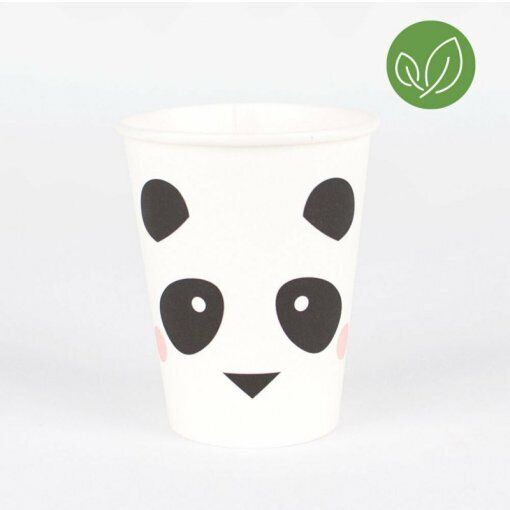 Copo descartável branco com rosto de panda preto