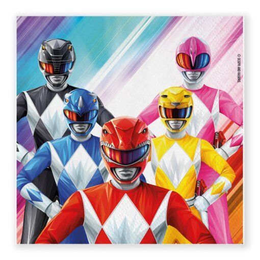 Cinco Power Rangers de cores diferentes com capacetes e trajes tradicionais