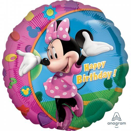 Balão redondo com Minnie rosa e texto 'Happy Birthday!'