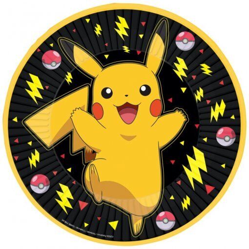 Círculo com Pikachu amarelo, raios amarelos e Pokébolas em fundo preto