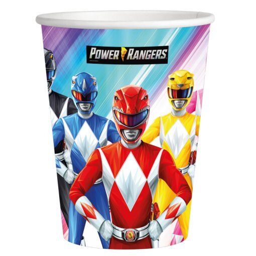 Copo de papel dos Power Rangers com ilustração colorida