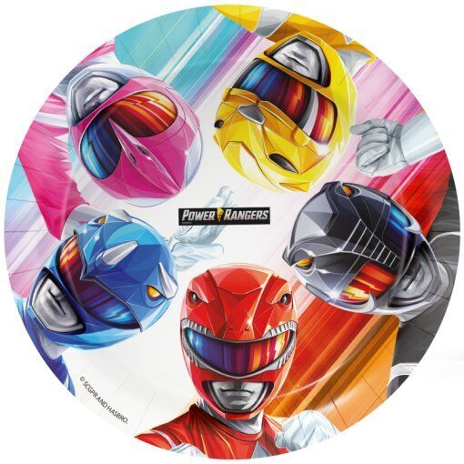 Prato redondo com decoração dos Power Rangers coloridos e texto central