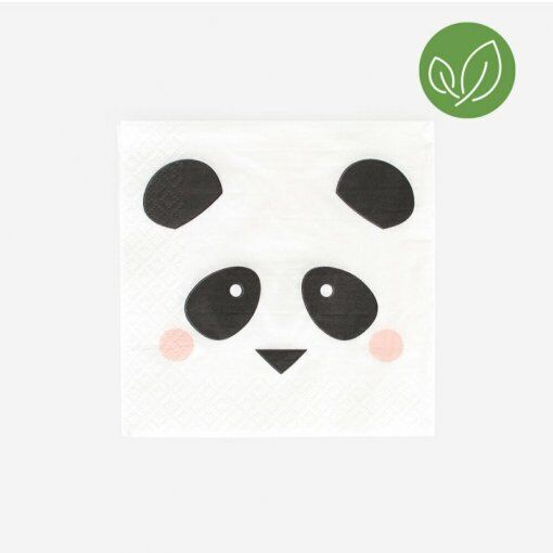 Guardanapo branco com rosto de panda desenhado e símbolo verde de folhas
