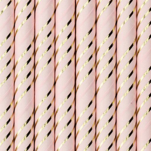 Canudos de papel rosa claro com riscas douradas
