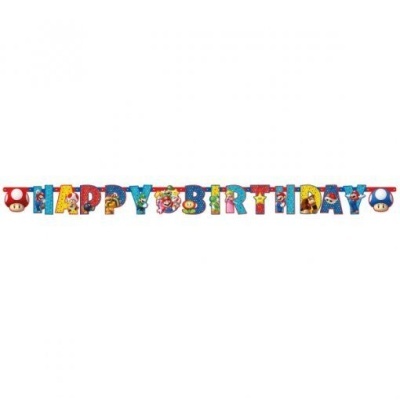 Festão colorido de cartão com letras HAPPY BIRTHDAY e personagens de Super Mario.