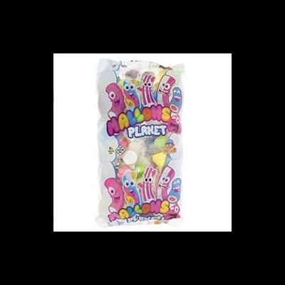 Pacote transparente com doces coloridos e personagens animados MALLOWS PLANET