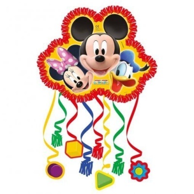 Pião colorido com Mickey, Minnie e Donald e fitas coloridas penduradas