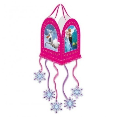 Lanterna de papel rosa com imagens de personagens de Frozen e flocos de neve pendurados