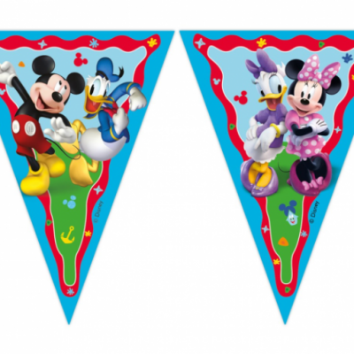 Bandeirolas triangulares com personagens Mickey, Donald, Minnie e Daisy em fundo colorido.