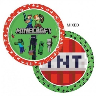 Pratos de papel temáticos Minecraft com personagens e padrão TNT