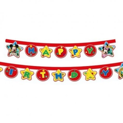 Banner de aniversário colorido com as palavras HAPPY BIRTHDAY e imagens do Mickey Mouse