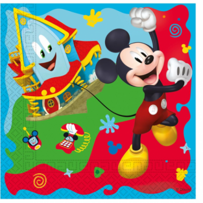 Guardanapo infantil com personagem Mickey Mouse e barco sorridente coloridos.