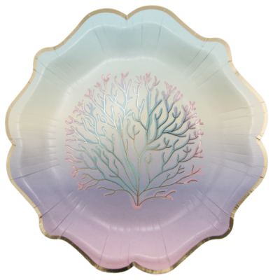 Prato descartável de papel com desenho de coral e borda em forma ondulada