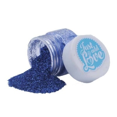 Frasco com purpurina azul escura e tampa branca com texto