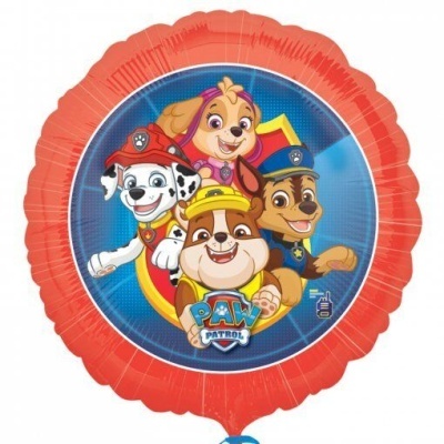 Balão redondo com personagens da Patrulha Pata em fundo azul e borda vermelha