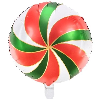 Balão redondo espiral em vermelho, verde, branco e dourado