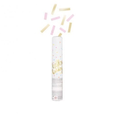 Tubo cilíndrico branco com pontos coloridos e confetis amarelos e rosa