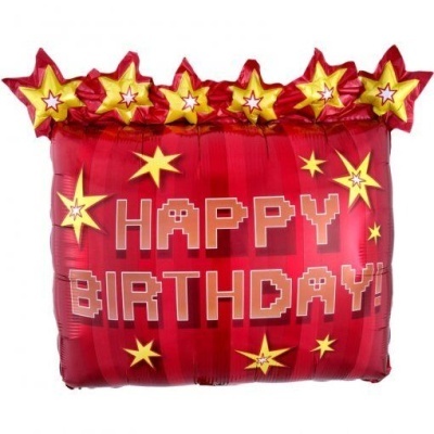 Balão vermelho metalizado com estrelas amarelas e texto HAPPY BIRTHDAY