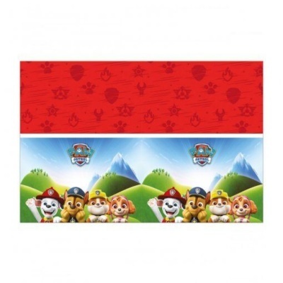 Toalha de festa Paw Patrol com desenhos de personagens caninos coloridos sobre fundo natural e parte superior vermelha com padrões.