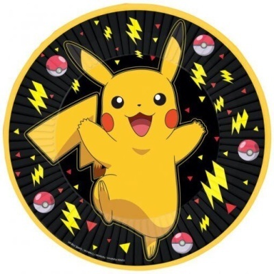 Círculo com Pikachu amarelo, raios amarelos e Pokébolas em fundo preto