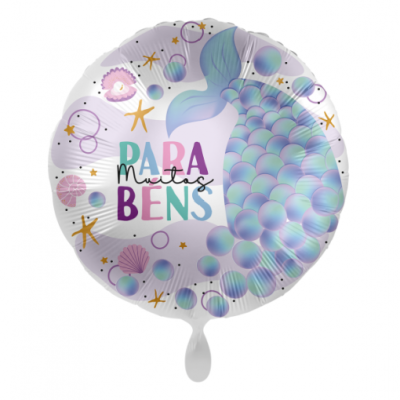 Balão foil redondo com design de cauda de sereia e texto 'PARA muitas BENS'