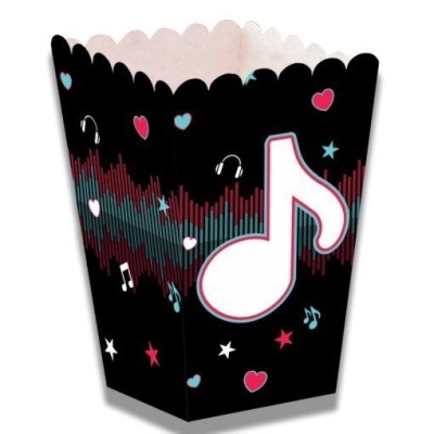 Caixa de pipocas preta com nota musical branca e elementos decorativos coloridos.