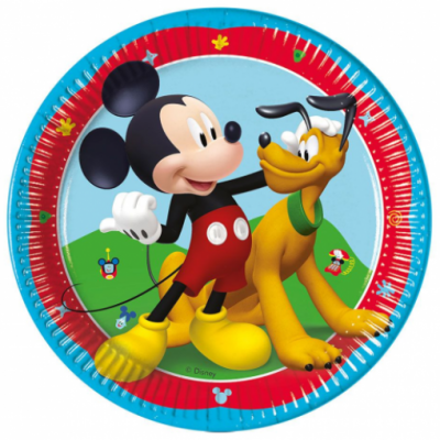 Prato de papel com desenho do Mickey Mouse e Pluto em fundo azul e vermelho