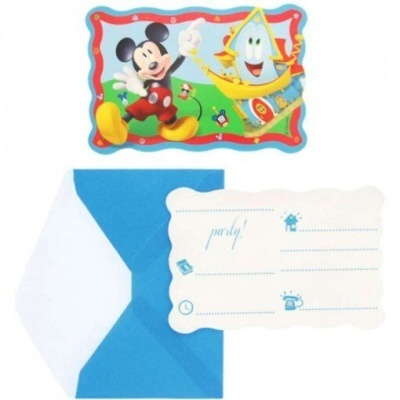 Convite colorido de festa com Mickey Mouse e candeeiro animado com envelope azul