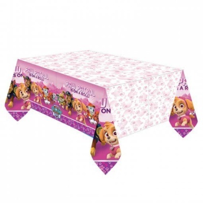 Toalha de mesa rosa com personagens da Paw Patrol e padrão de patas