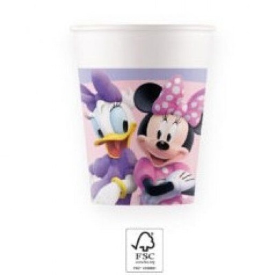 Copo de papel com Daisy e Minnie da Disney, fundo rosa, selo FSC