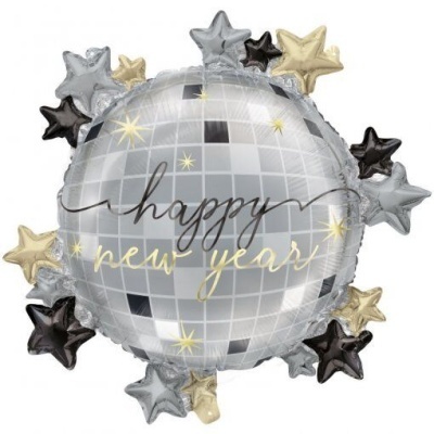 Balão metálico disco prateado com texto 'happy new year' e estrelas coloridas