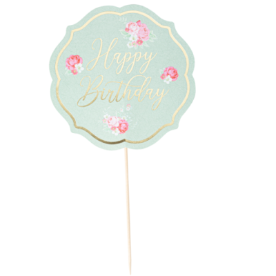 Topper para bolo azul claro com texto dourado 'Happy Birthday' e rosas cor-de-rosa