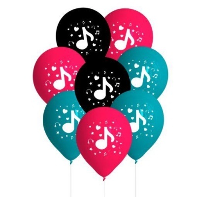 Balões coloridos com notas musicais e estrelas brancas