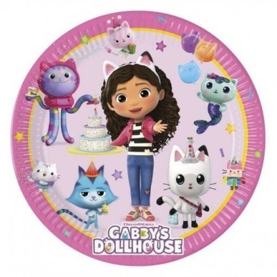 Prato de papel rosa com personagens de Gabby's Dollhouse