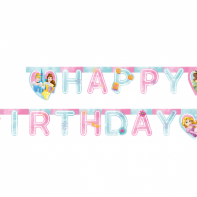 Faixa decorativa com letras 'HAPPY BIRTHDAY' e imagens de princesas da Disney