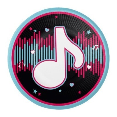 Prato decorativo redondo com nota musical e padrões coloridos