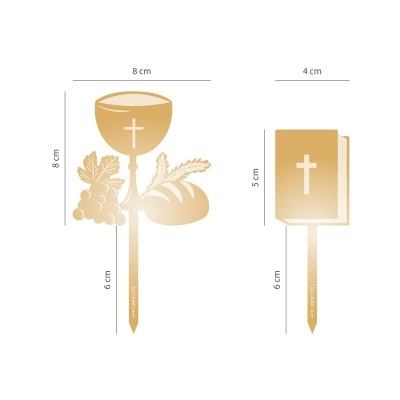 Marcadores dourados com cruz branca, cálice, uvas, pão e livro em fundo branco