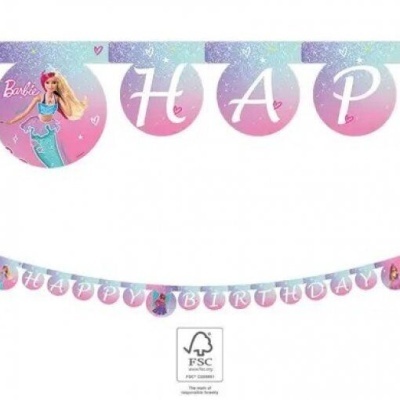 Faixa decorativa de festa Barbie sereia com letras HAPPY BIRTHDAY em azul e rosa.