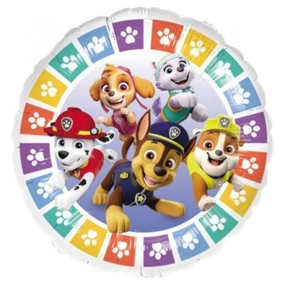 Balão circular Paw Patrol com desenho dos cinco cães e padrão colorido de patas
