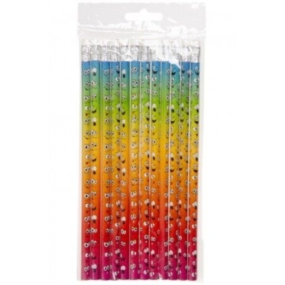 Lápis coloridos com padrão de olhos brancos em saco plástico