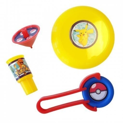 Conjunto de brinquedos Pokémon com disco amarelo, pião, batiscafo e peça com Pokébola