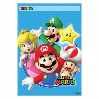 Cartaz colorido com personagens do Super Mario e área para escrever nome