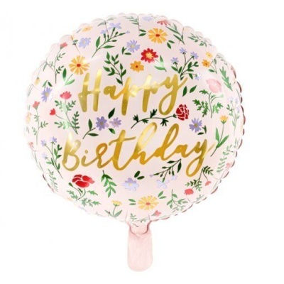 Balão redondo de alumínio com flores e texto Happy birthday